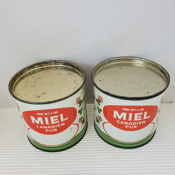 2 Pure Canadian Honey Tins Small Vintage 5" Empty 4 Pounds Scratched Patina - Picture 2 of 6